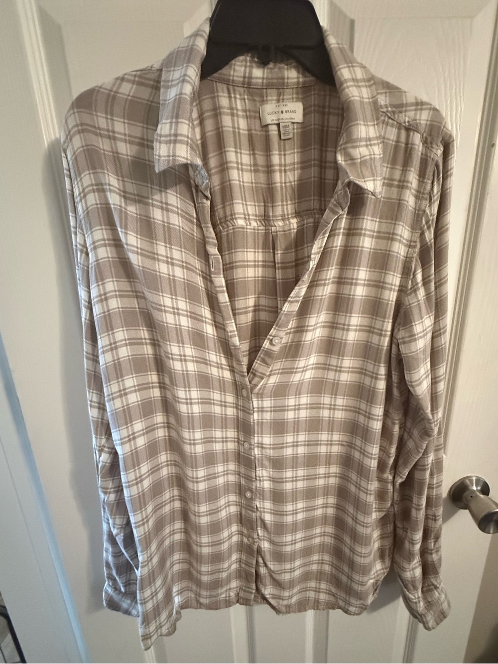 Lucky Brand Plaid Button Up Shirt Taupe Cream Long Sleeve Women’s Medium